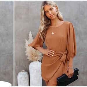VICI Faux Wrap Mini Dress Camel Brown Puff Sleeve Tie Waist Textured M